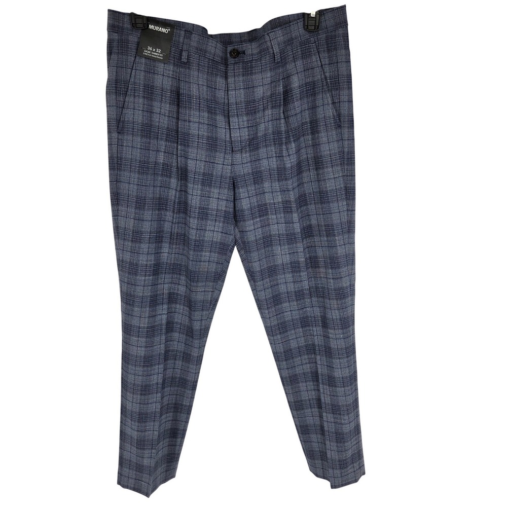 Murano Lucas Carrot Fit Pleated Plaid Trousers Mens 36x32 Blue Grey Stretch NEW